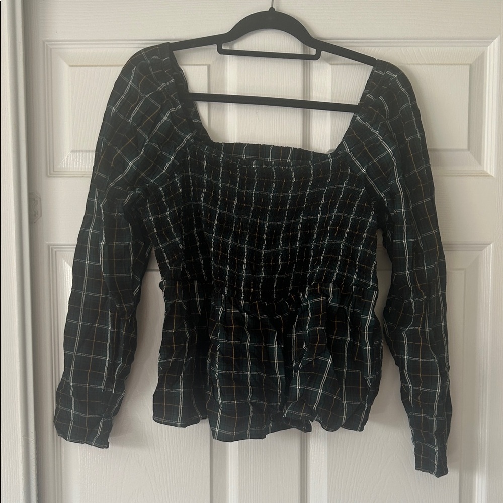 Old Navy Green, Gold and White Plaid Blouse